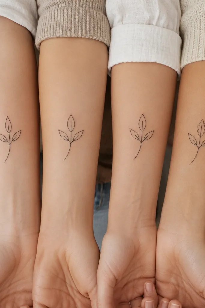 Four small forearm tattoos showing a minimalist plant sprig with three leaves; the central leaf shape differs slightly between each friend while the stem and stem curve stay identical.