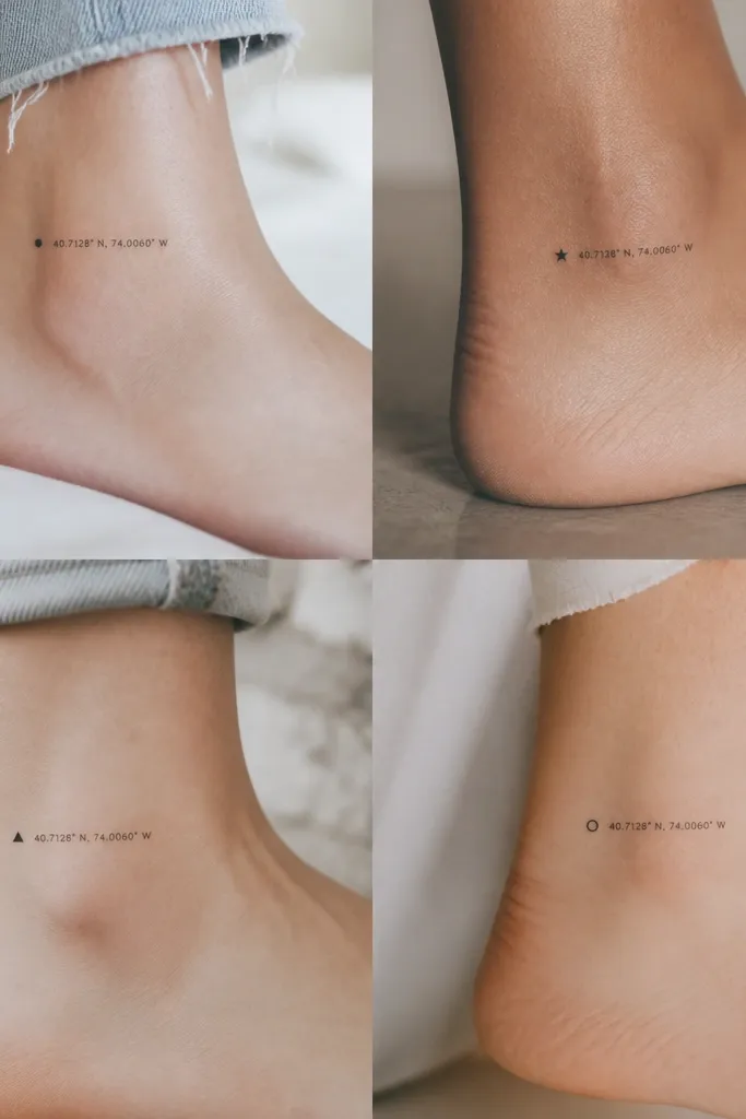 Four small ankle tattoos with the same coordinate numbers in tiny fine-line text; each one has a single small marker icon beside the numbers like a dot, a star, a triangle, and a circle.