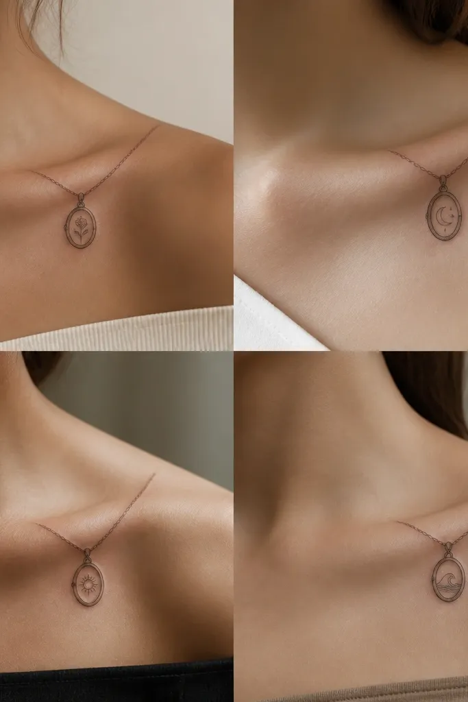 Four collarbone tattoos of a tiny locket shape hanging from a delicate chain; each locket has a different inside insert icon in the same line style.