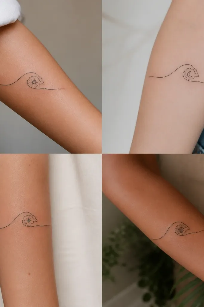 Four small forearm tattoos showing a minimalist wave crest line; the wave has a small foam burst area with a tiny symbol inside each piece.