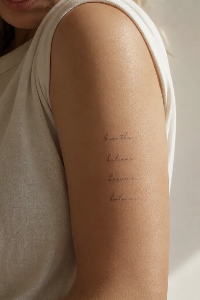 Four small tattoos on the side of the upper arm showing a short handwritten word in fine-line script; each tattoo shares the same first letter but the rest of the word differs.