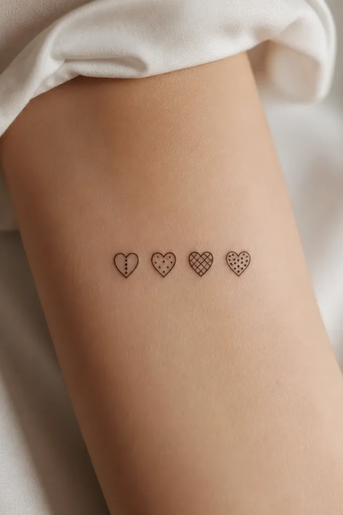 Four tiny heart tattoos in black outline; each heart has the same outline and size, but the fill texture inside is different: dots in a line, scattered dots, a small crosshatch, and a solid dot cluster.