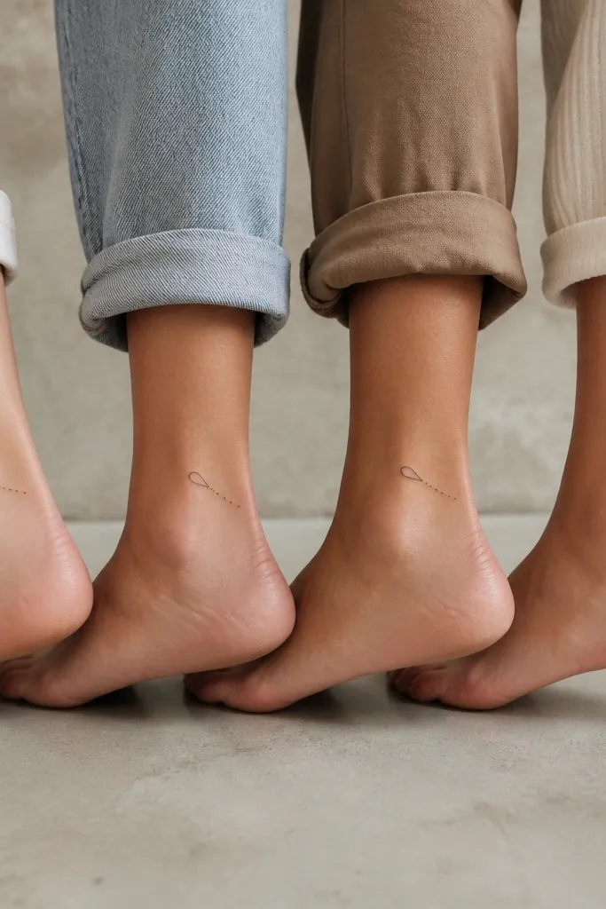 Four ankle tattoos of a tiny comet shape in black line; each has the same comet head size but a different length of dotted trail.