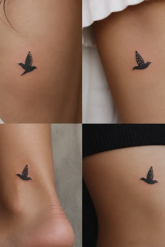 Four small tattoos of a minimalist bird silhouette in flight; the bird body is identical, but each has a different dot pattern on the wing.