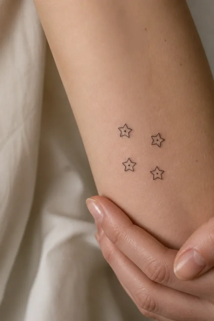 Four tiny star tattoos arranged like a quartet; each star is outlined in black with a small inner dot colored reference implied by a different dot placement pattern, not actual color.