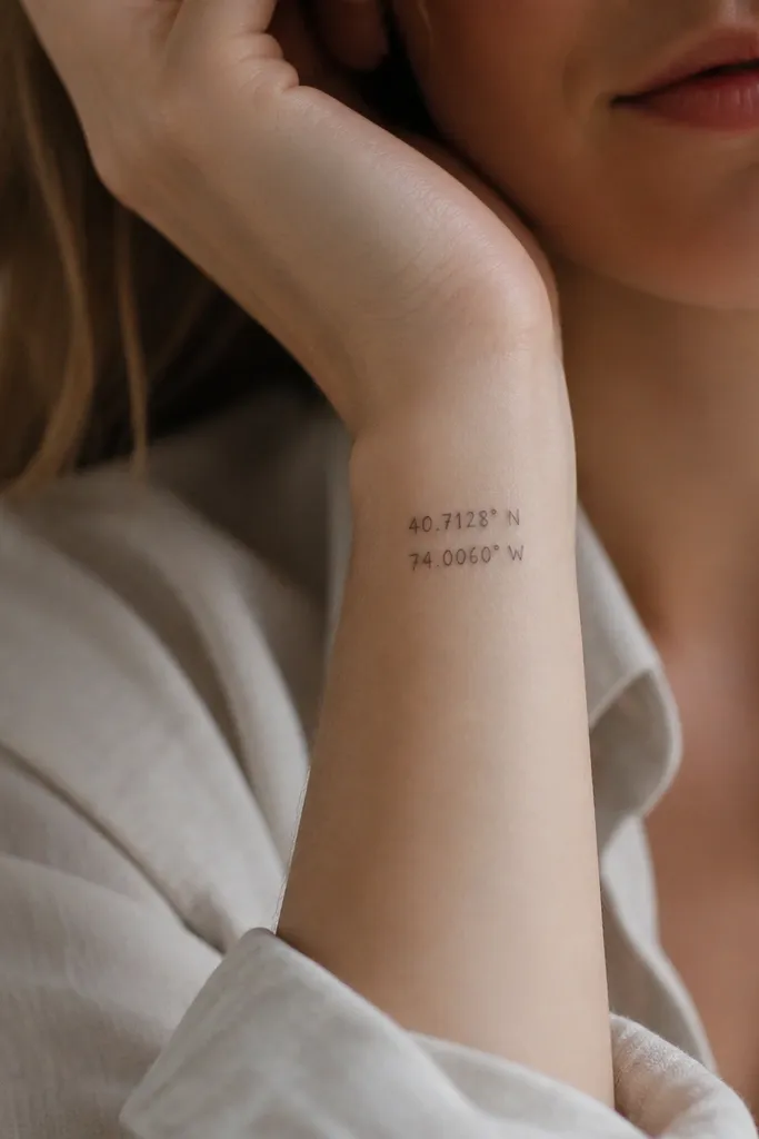 A small black tattoo on the outer wrist reads coordinates in a thin handwritten-style font. The numbers are separated by a dot, with the latitude above and longitude below in two lines.