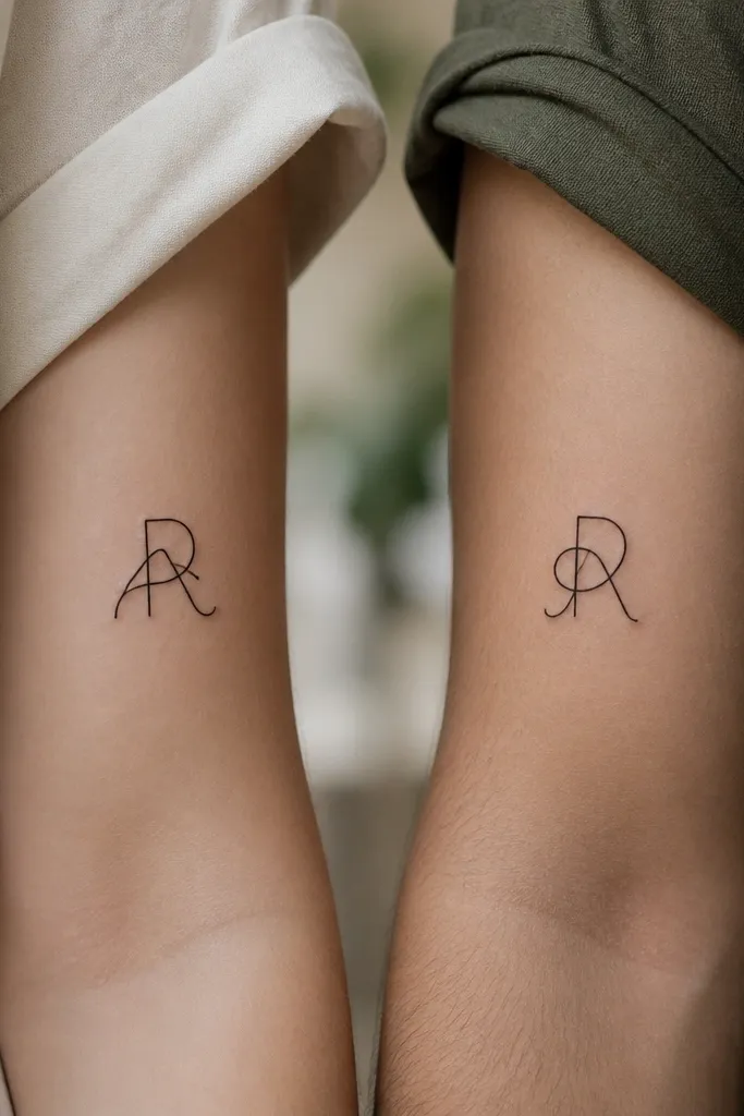 Two small black tattoos on upper forearms show two initials that interlock with a single continuous stroke style. The lines are even thickness and the overlap area is clean, not shaded.