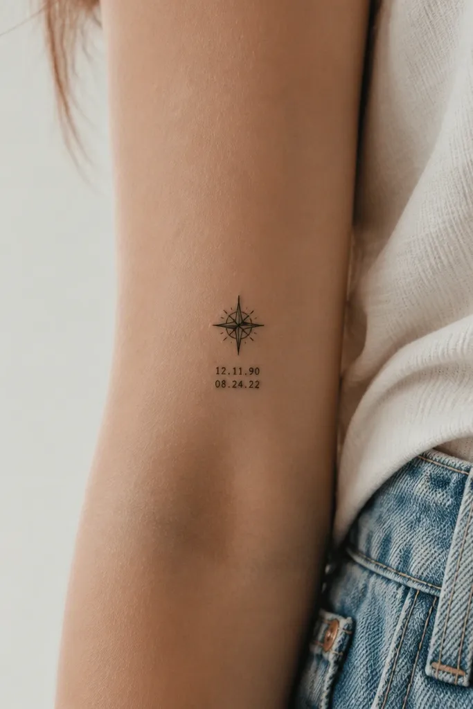 A small black compass rose, about the size of a quarter, sits above two tiny date numbers. The compass has four main points and short tick marks, with dates in a simple block font.