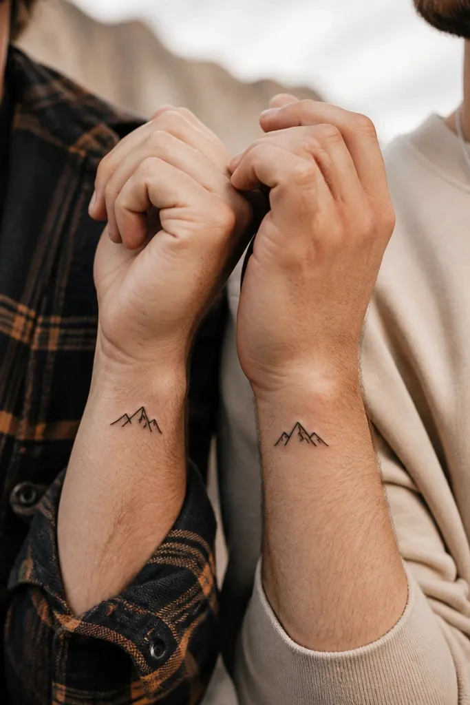 On two forearms, small black mountain peaks sit side by side with a single snow-capped triangle line. Each tattoo has one main peak and one smaller ridge, identical in shape.