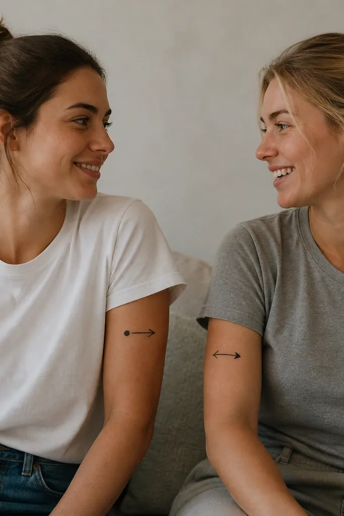 One friend has a small black arrow pointing right with a dot at the arrow tail. The other friend has the same arrow but mirrored, with the dot at the tip.