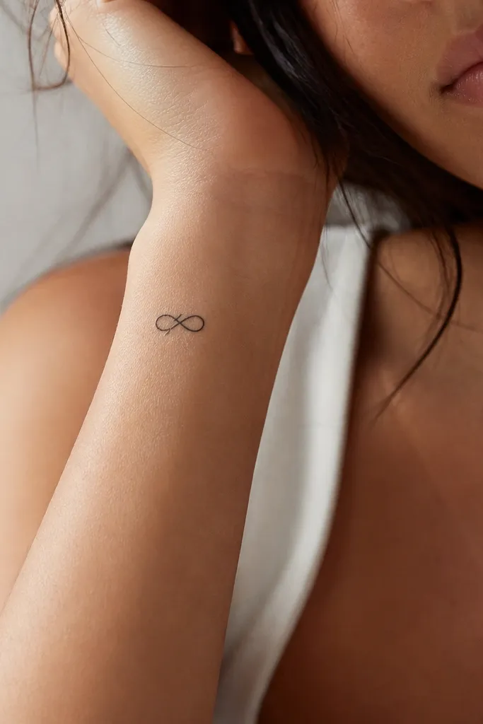 A small black infinity symbol on the outer wrist. One loop has a single short diagonal accent line crossing it, like a tiny slash of emphasis.