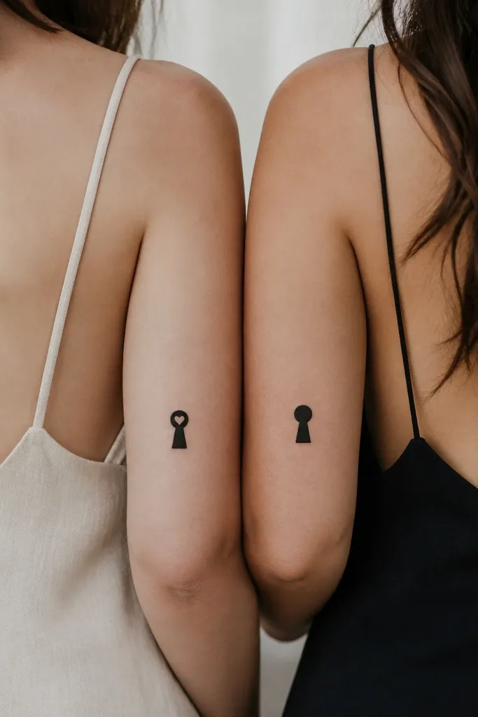 A small black keyhole tattoo about 2.5 cm tall. One friend's keyhole has a tiny solid heart at the top of the key stem; the other keyhole has no heart.