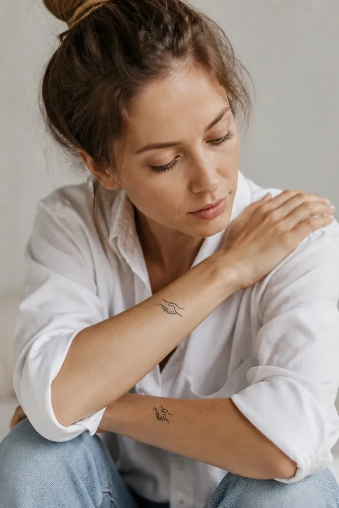 On the forearms, tiny black handshake outlines with minimal finger shapes. The handshake is simplified to two curved grips and a straight line for the palm area.