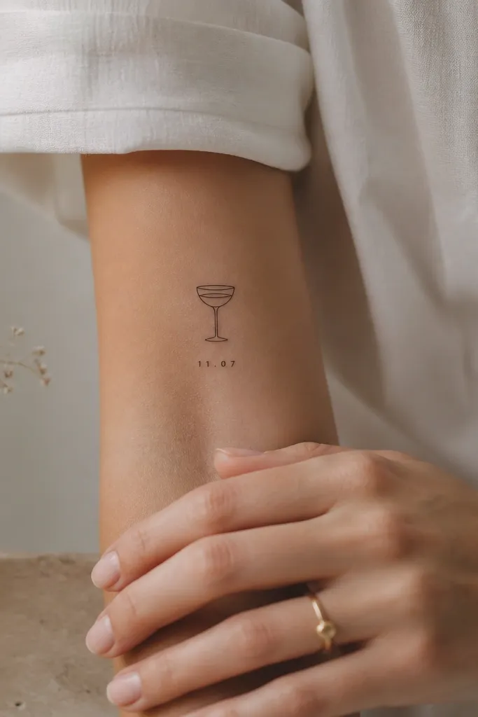 A small black outline of a simple cocktail glass with a tiny foam line near the top. Below it, a small black date in two numbers separated by a dot.