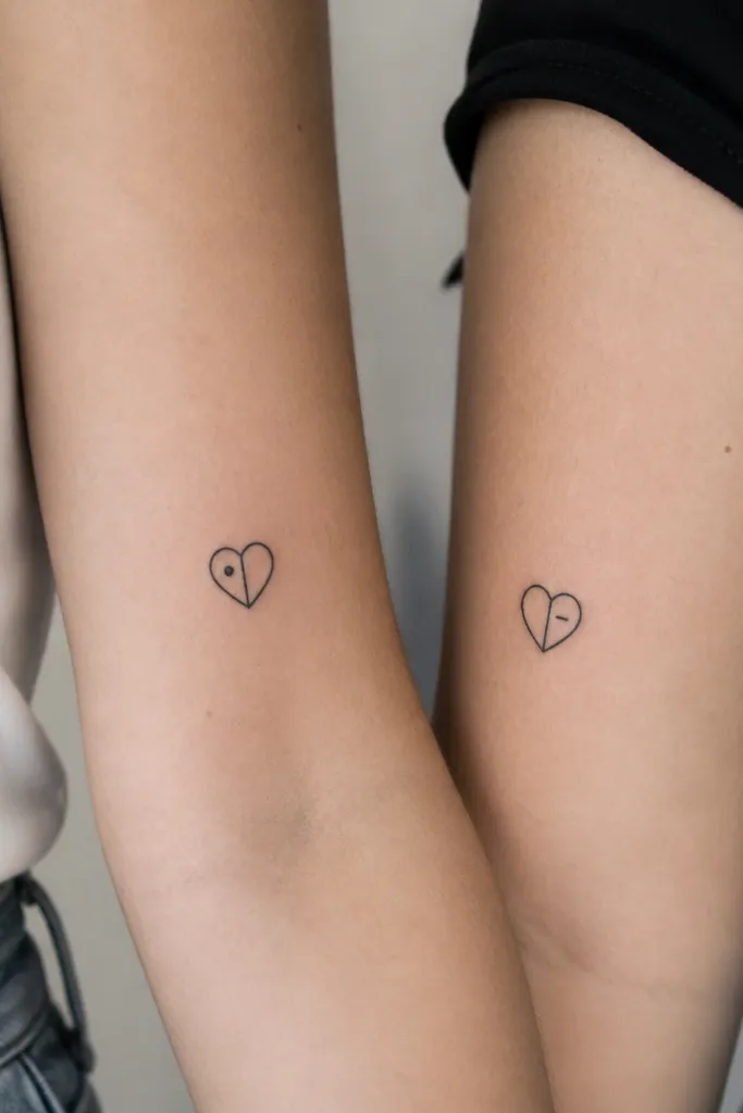 A small black heart drawn with a vertical split line down the center. Each friend's tattoo has a tiny symbol on their side: one has a dot, the other has a short dash.