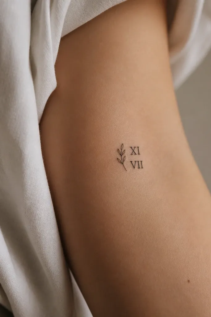 A small black set of Roman numerals stacked in two lines. A tiny leaf icon sits beside the numerals like a small bracket, no extra decoration.