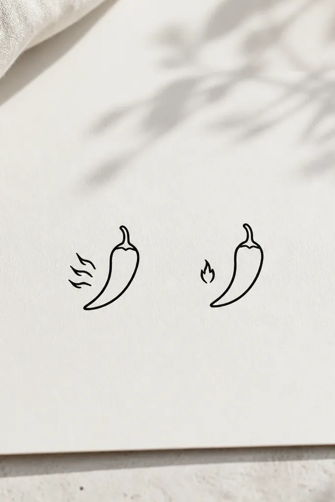 Two minimalist chili shapes: one friend has a small chili with three short flame lines on the side; the other has the same chili but with a single small flame. Both are black line art with no color.
