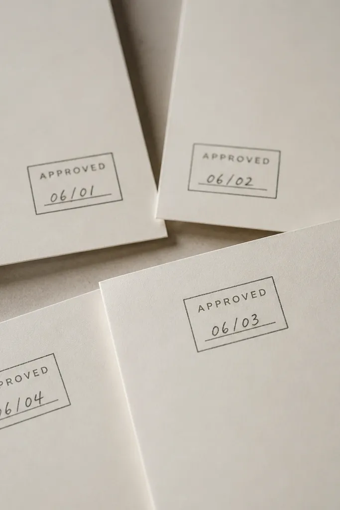 A minimalist rectangular stamp icon with the word "APPROVED" in tiny uppercase letters, and a small blank line for a date. Each friend has the same stamp, but the date line is different.