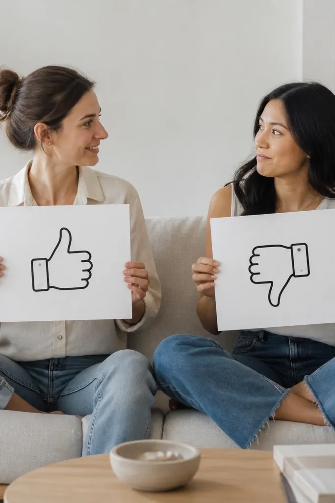 One friend has a minimalist thumbs-up icon, the other has a thumbs-down icon. Both are black line art with simple finger segments and a small rounded palm outline.