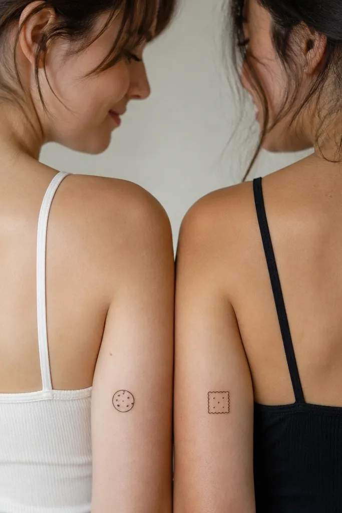 A small cookie icon with two tiny chips on one friend's skin, and a small cracker icon with a few perforation dots on the other. Both are minimalist black line drawings.
