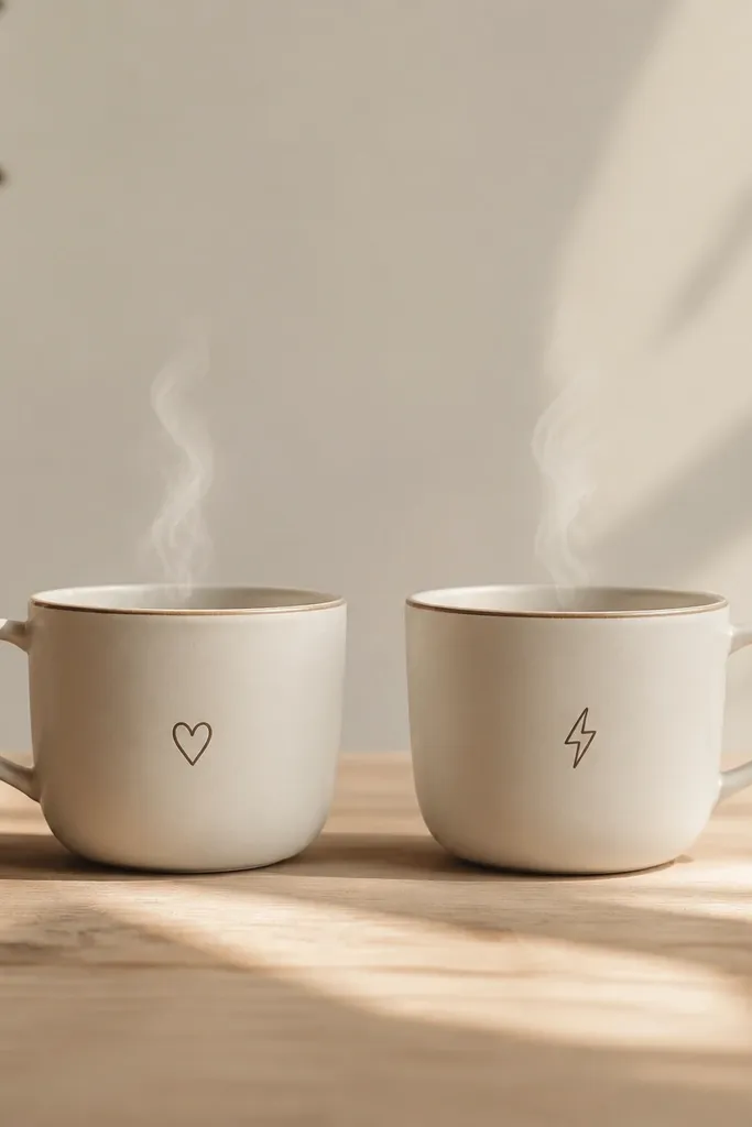 A minimalist coffee cup outline with a handle and steam lines. One friend has a small heart on the cup, the other has a tiny lightning bolt on the cup.