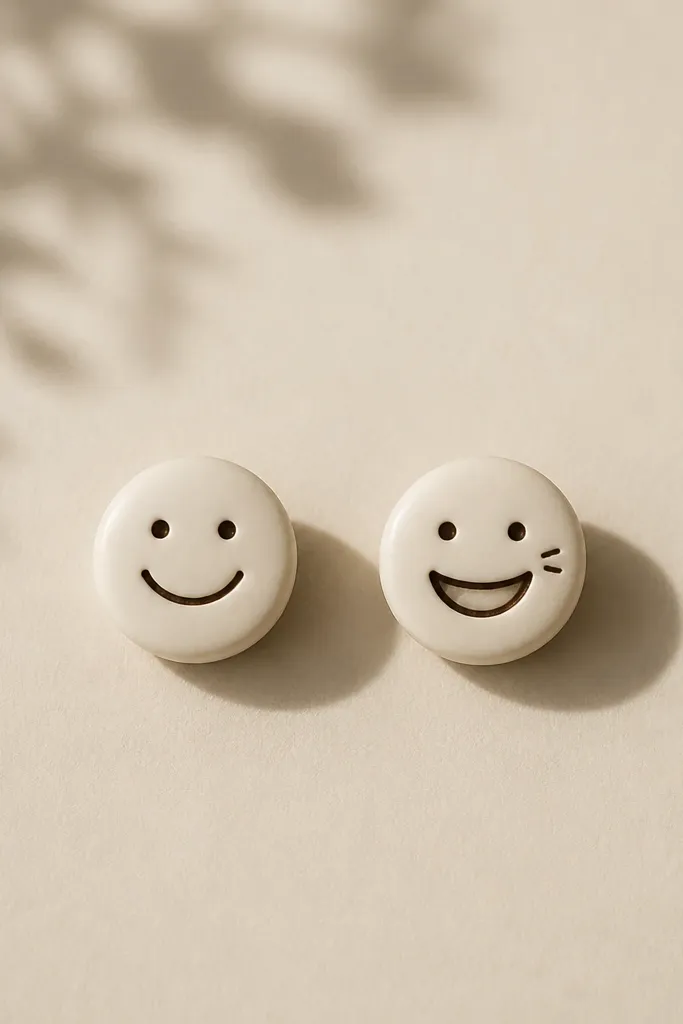 Two minimalist face icons: one is a small circle with a simple smile and two dot eyes; the other is the same face but with a wider grin and three small laugh lines near the cheek.