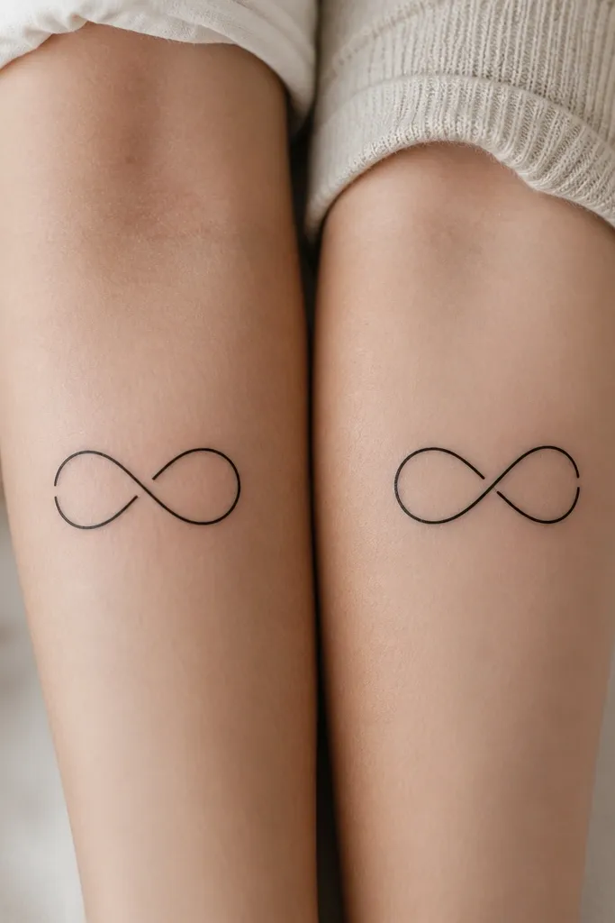 A minimalist infinity symbol drawn in black line art. One friend's infinity has one small break in the left loop; the other friend's infinity has the break in the right loop.
