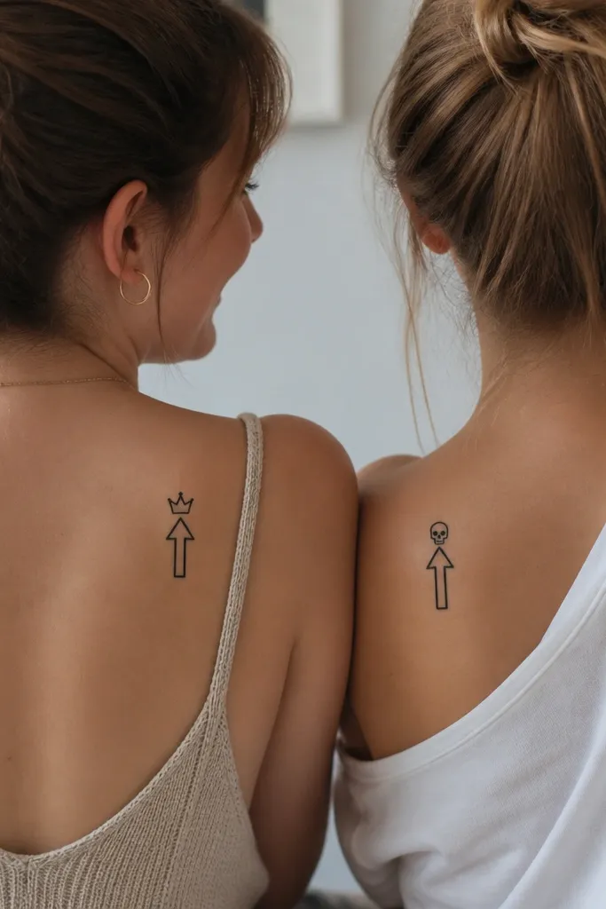 One friend has a small arrow with the words implied by shape: a thick upward arrow with a tiny crown above it. The other has the same arrow but with a tiny skull icon above it. Both are minimalist black line art.
