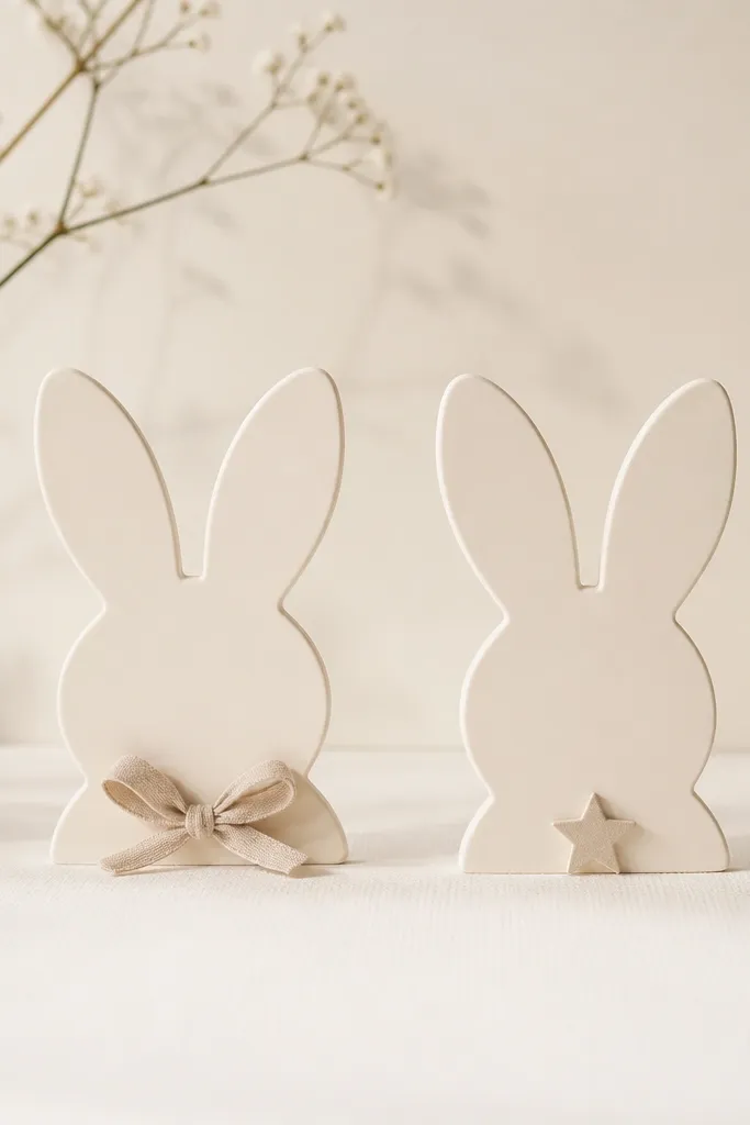 Two minimalist bunny ear silhouettes. Both show the same curved ear shapes; one has a tiny knot bow at the base, and the other has a small star at the base. No text.