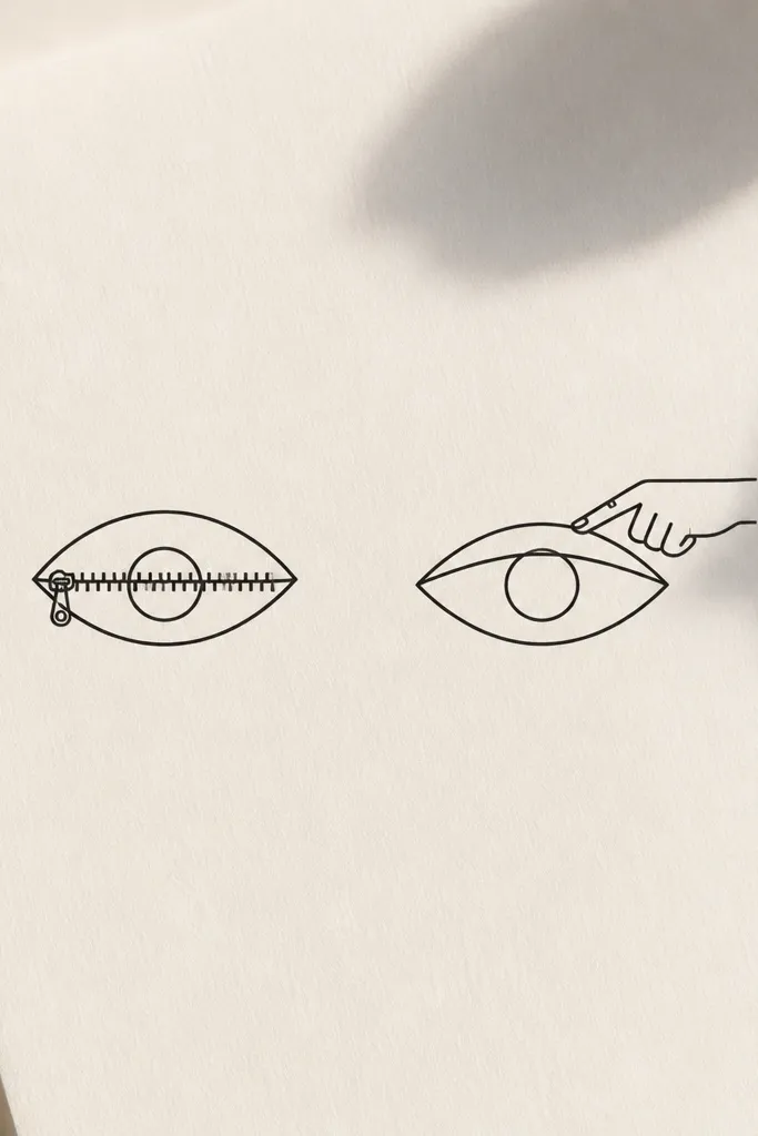 Two minimalist eye icons. One has a single eye with a small zipper line across it; the other has the same eye with a tiny finger pointing over the lid. Black line art only.