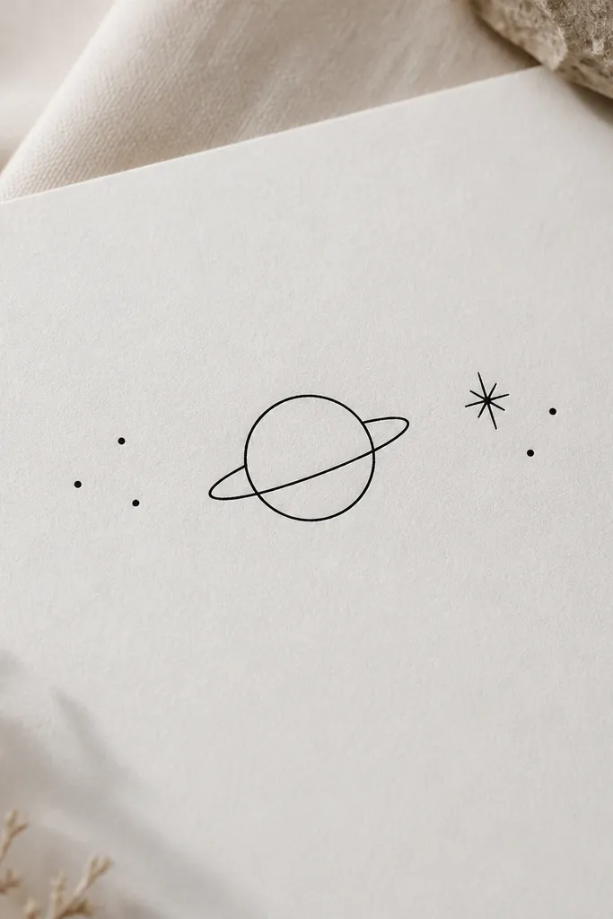 A minimalist planet circle with a ring line. Around it, one friend has three small star dots; the other has one larger star plus two smaller dots. Black line art, no color.