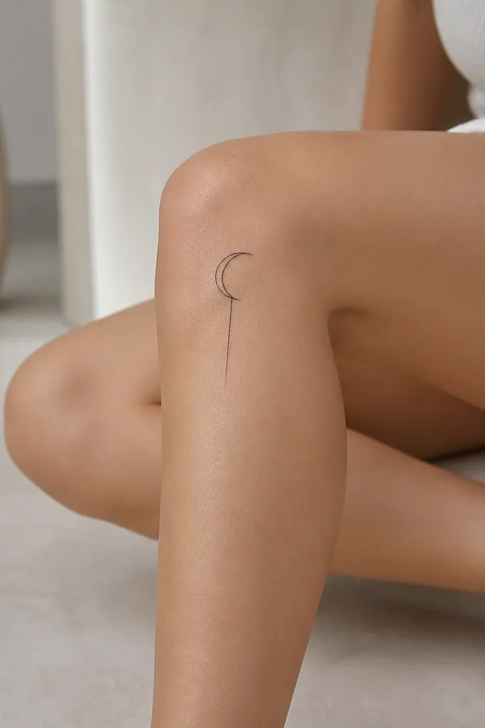 A thin crescent sits on the inner side of the knee, facing outward. From the crescent's lower tip, a single fine line runs vertically down the shin for about 5-7cm, tapering to a point. No shading - just crisp black linework.