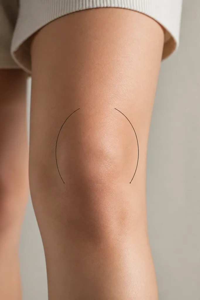 Two matching thin arcs frame the knee from both sides. Each arc starts near the upper crease area and curves toward the center, stopping short of meeting. The ends taper into tiny dots at the outer edges.