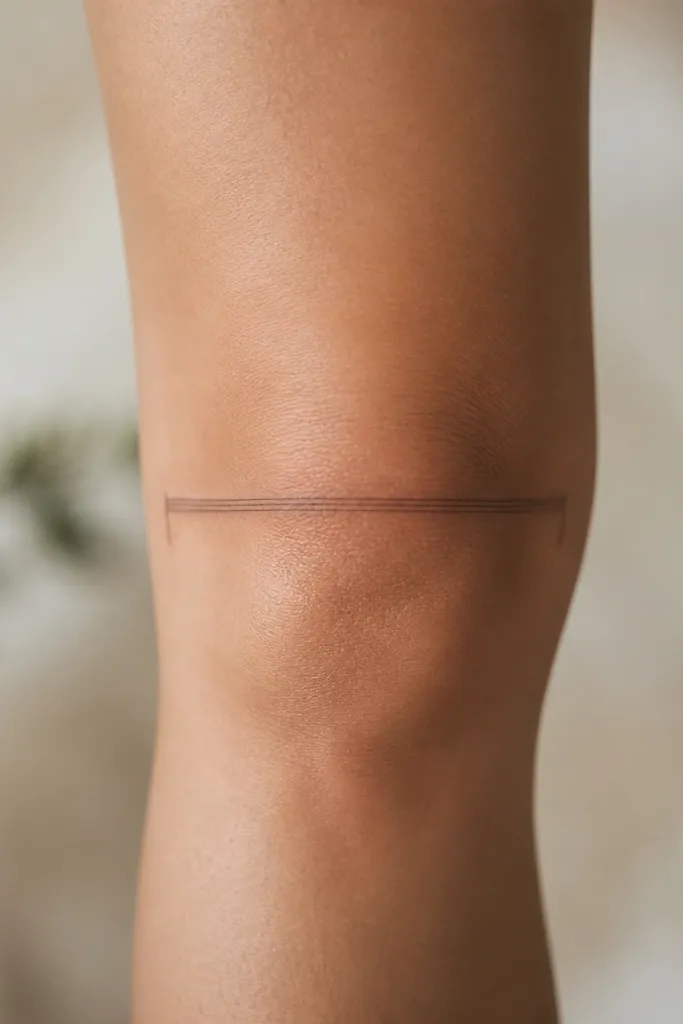 A single horizontal ribbon line sits right across the knee crease. It has tiny parallel "ribs" etched into it - three to five fine grooves within the line - and the ends taper downward into short strokes.
