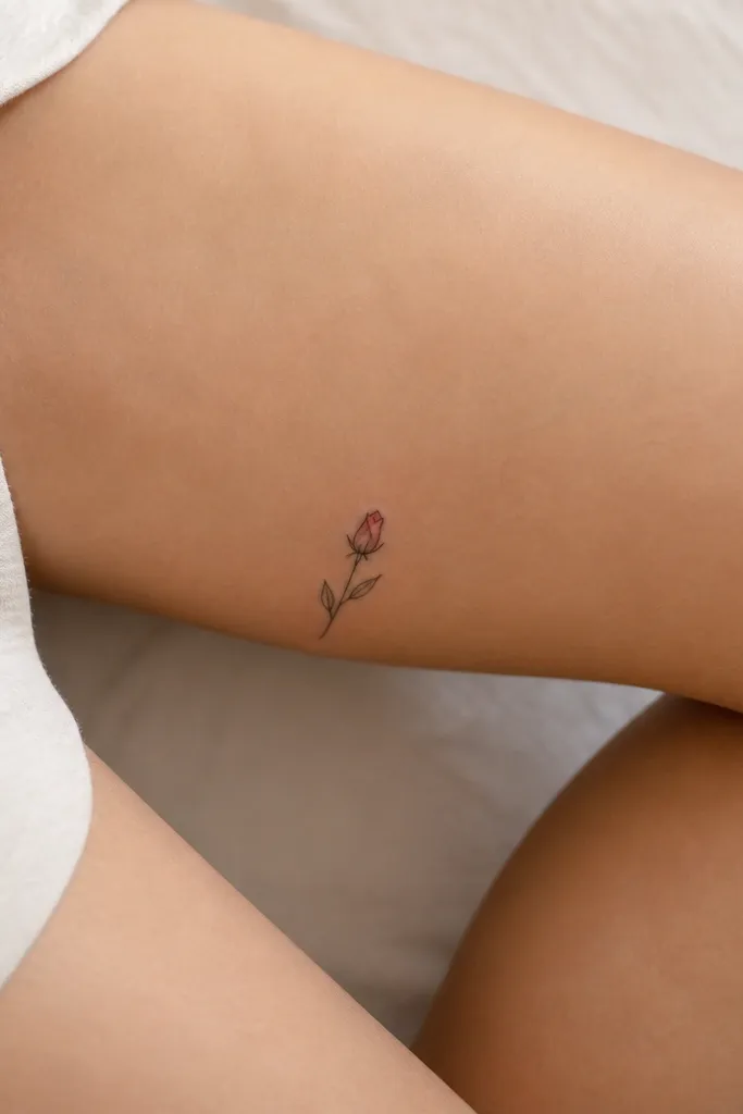 A small rosebud sits near the inner knee seam. Three micro petal lines form a tight bud, and two thin leaves extend downward, each ending in a point. No full rose - just a bud cluster.