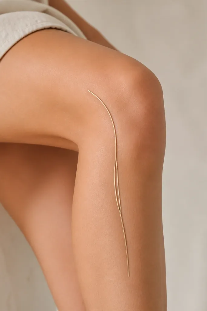 A frame line sits only on one side of the knee. It curves from the outer crease down the side of the knee, then splits into two thin lines with a narrow gap between them for about 8-10mm before rejoining into a taper.
