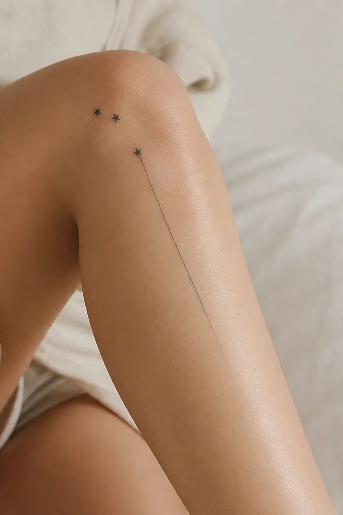Three tiny five-point stars sit in a curved line around the knee edge. Two stars cluster closer to the top, the third sits slightly lower on the inner side. From the lowest star, a single fine taper line runs down the shin.