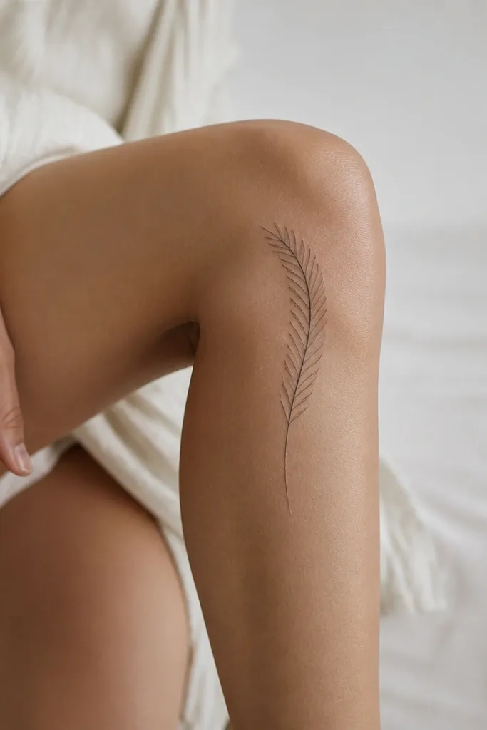A thin feather outline hugs the outer knee edge. The feather shaft is a single line, and small paired barbs branch off, staying very light and evenly spaced. The feather tapers down into a short line on the upper shin.
