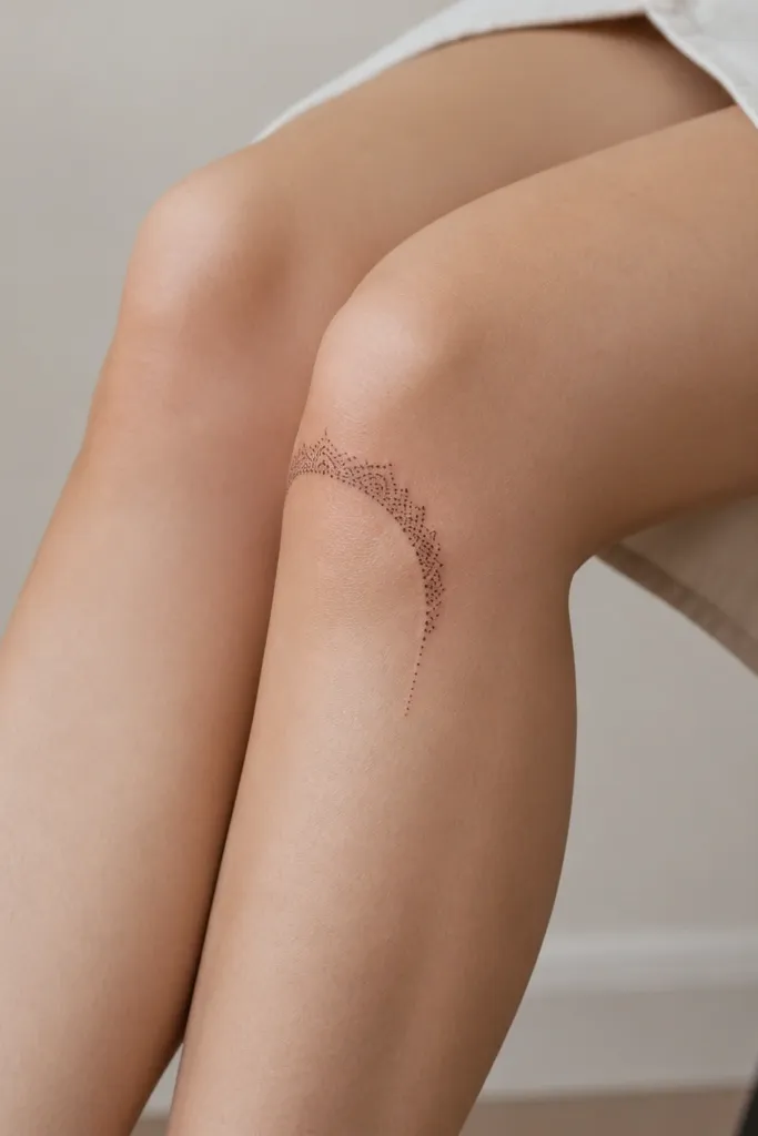 A small lace-like corner sits at the upper outer knee. It's made of dotwork patterns - tiny circles - forming a curved bracket shape. The dots fade out into two thin lines that taper down the sides.