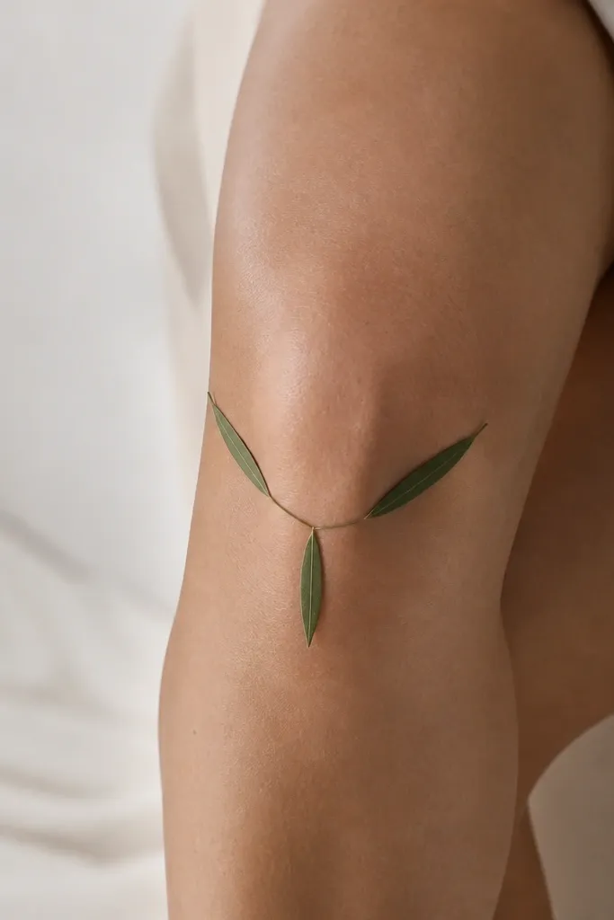 A three-leaf sprig sits around the knee crease like a small crown. The leaves are thin and elongated, with a single center vein line each. Two leaves extend slightly outward while the third sits centered and lower.