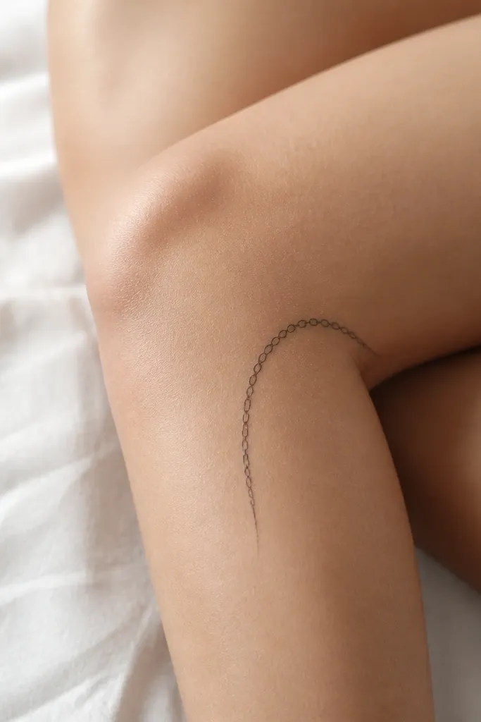 Tiny chain links form a curved line along the inner knee edge. Each link is drawn with fine outlines, and the chain arcs upward toward the crease, then tapers down into a single line.