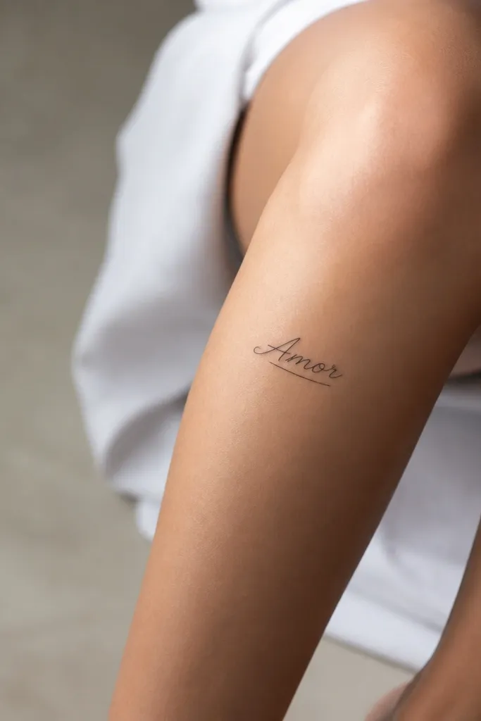 "Amor" written in compact cursive script in black ink, with a single thin underline stroke that stops just short of the last letter. Located on the inner knee, following the curve.