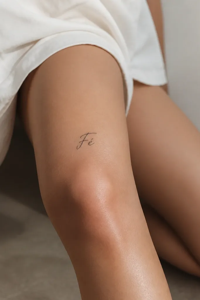 The word "Fé" in small black script with a clear accent mark on the E. Centered near the front of the knee, slightly above the kneecap line.