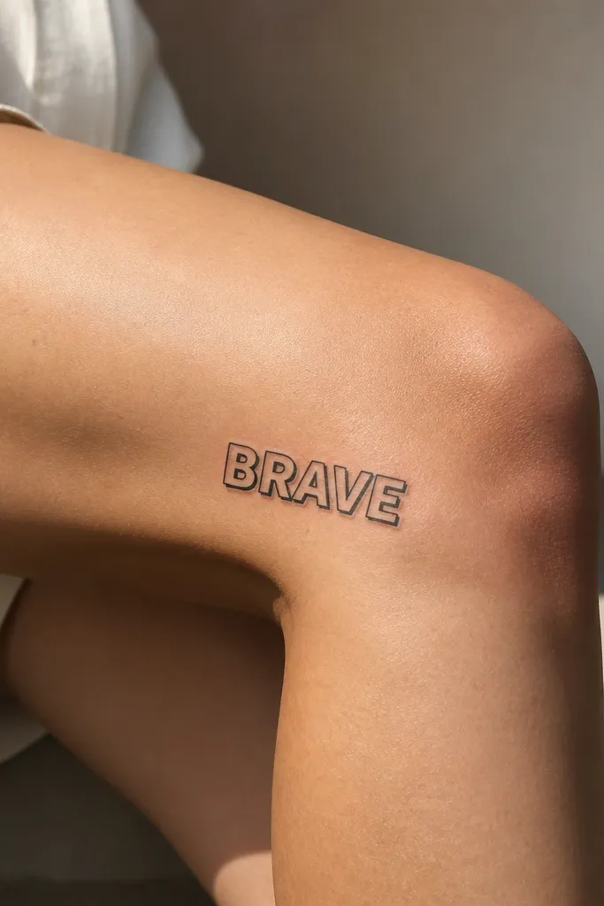 "BRAVE" in uppercase block letters, black ink, with a second thin line offset 1 mm behind parts of the letters like a faint shadow. Located on the outer knee.