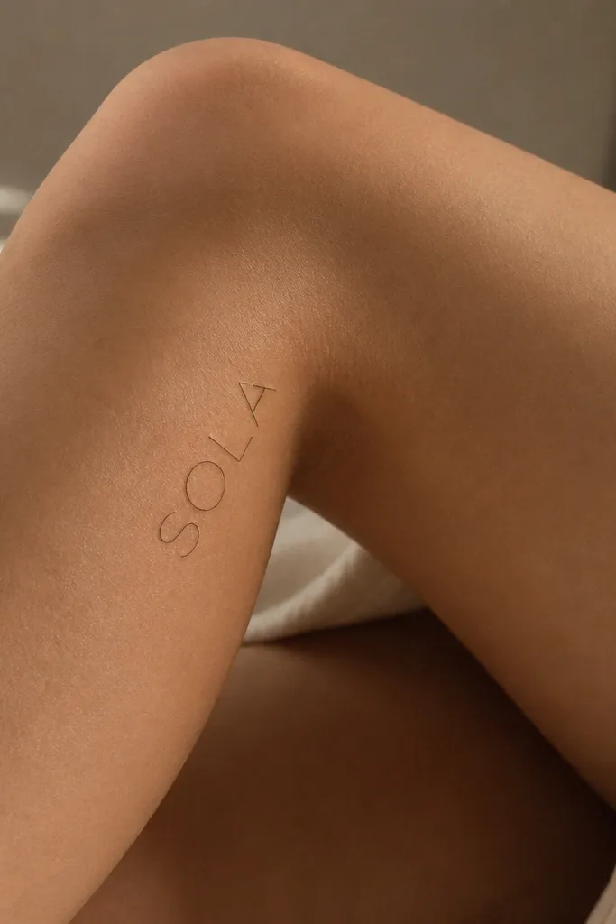"SOLA" written in thin black line-lettering with open centers inside each letter, like a single-stroke style. Placed diagonally on the inner knee.