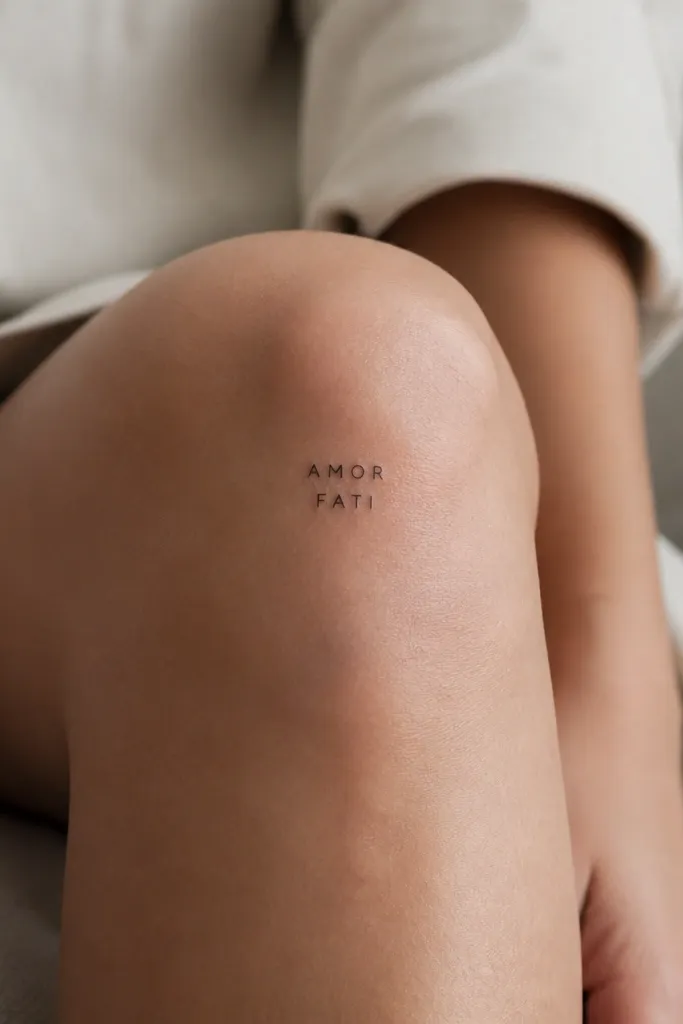 "AMOR" on the top line and "FATI" on the bottom line in small uppercase letters, centered on the front outer edge of the knee. Black ink, no underline.