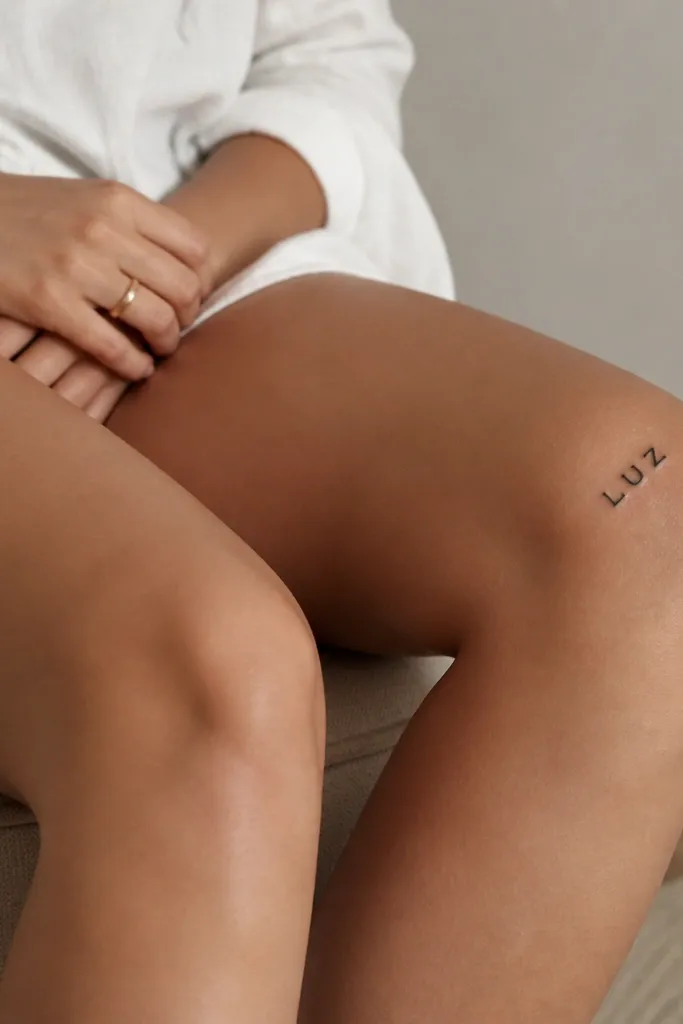 "LUZ" in small rounded letters, black ink, with slightly thicker vertical strokes than horizontal ones. Positioned on the outer knee, angled upward.