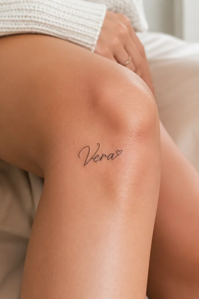 "VERA" in fine cursive script, black ink, ending with a very small heart-shaped stop at the last letter. Placed on the inner knee with a gentle diagonal.