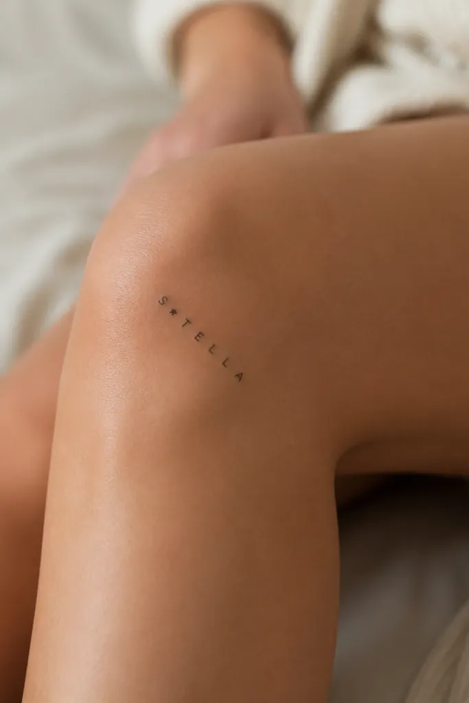 The word "STELLA" in small uppercase letters with one tiny five-point star between the S and T. Black ink only, placed along the outer edge of the knee.