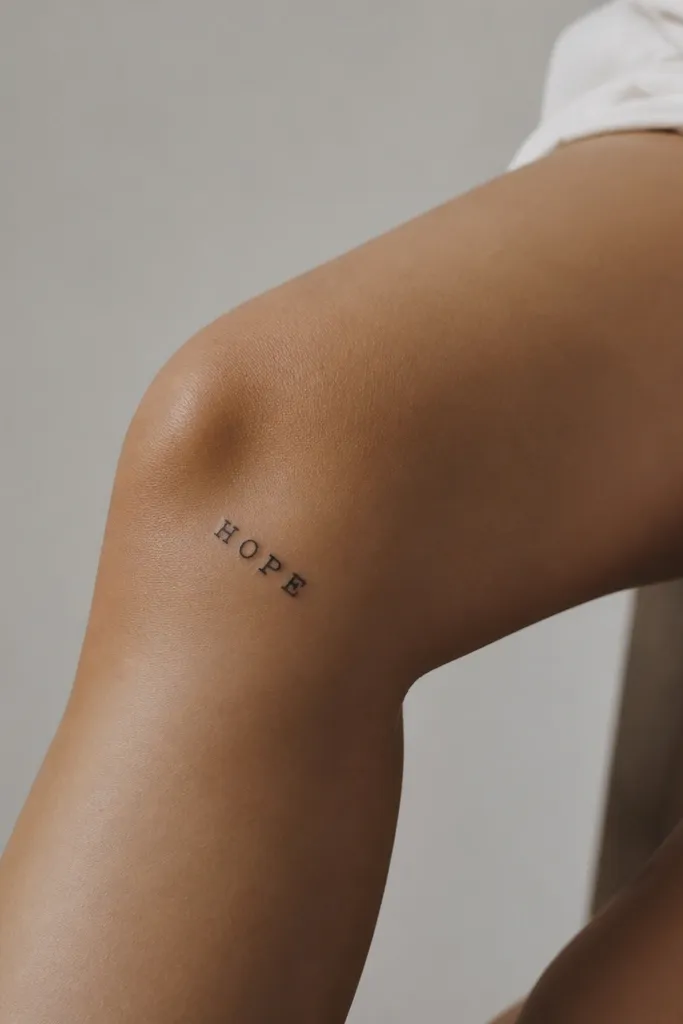"HOPE" in black typewriter-style uppercase letters with slightly irregular spacing, like a worn ribbon. Located on the inner knee with a clean diagonal.